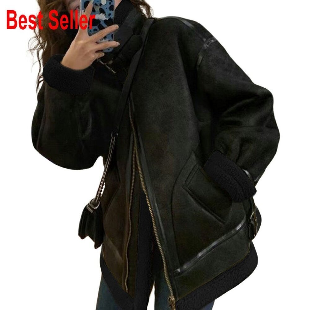 Oversized Faux Suede Moto Jacket Sherpa Lined Aviator Style Winter Coat
